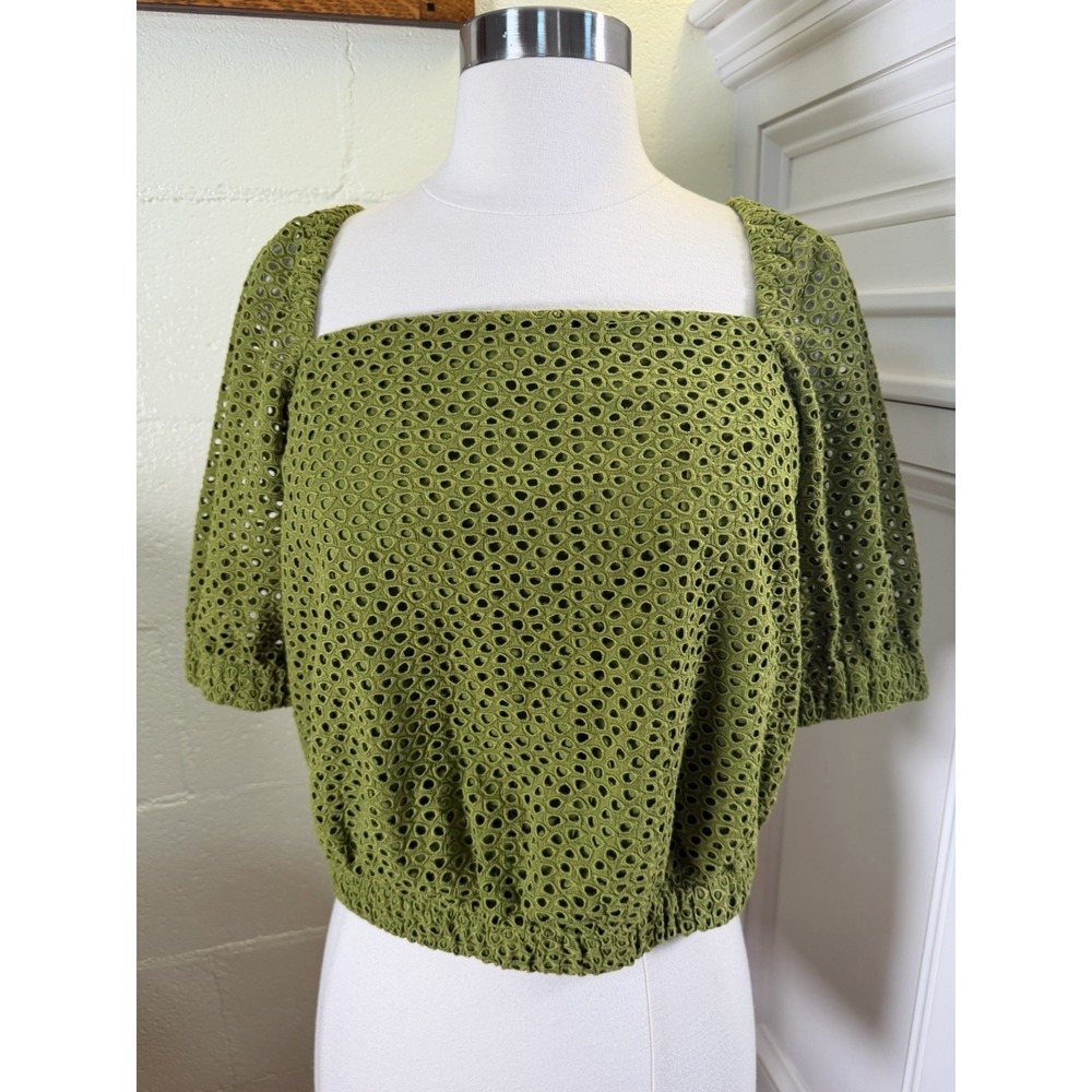 Everlane Green Eyelet Cotton Crop Top Puff Sleeve Open Back Women Size M